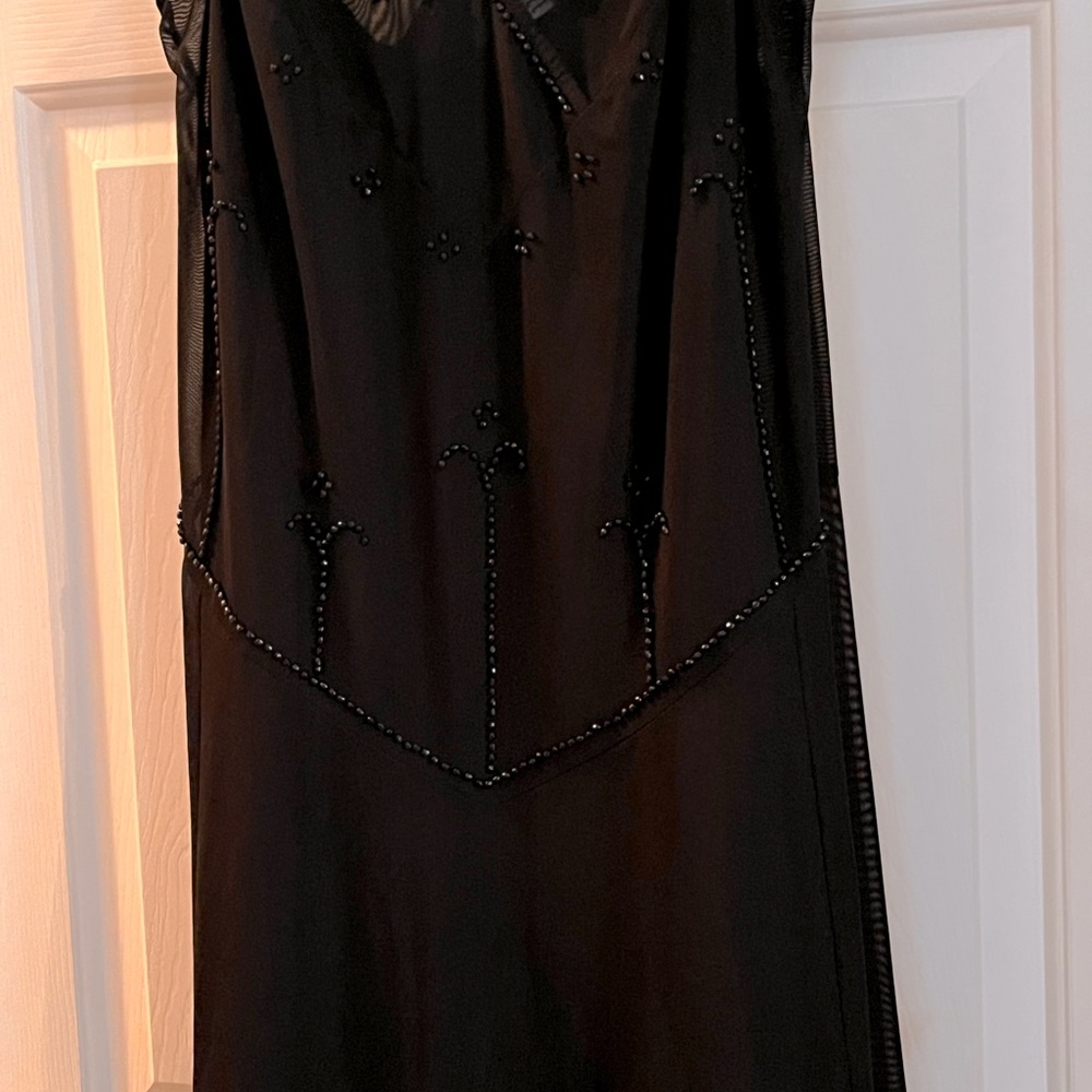 Classy spaghetti strap under dress; overlay with encrusted jet beads
